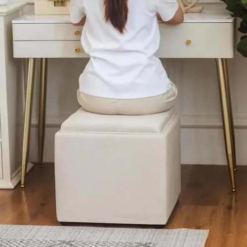 Vista 4 de Joveco Otomana Cuadrada de Almacenamiento con Bandeja, Pequeño Taburete de Reposapiés de Lino, Mesa de Centro para Dormitorio y Sala de Estar, Beige