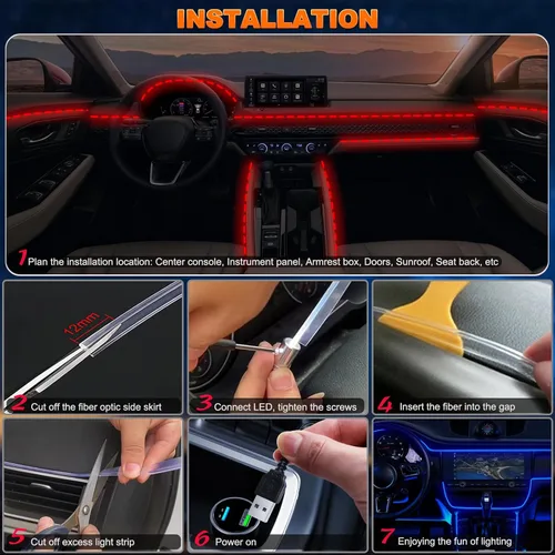 Vista 5 de Jushope - Luces LED para automóvil, luces interiores con control inalámbrico por aplicación/control remoto RF/botón, kit de iluminación ambiental