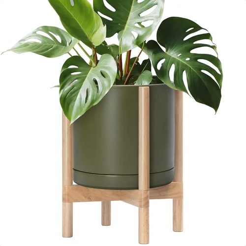 Vista 25 de D'vine Dev Maceta de cerámica con soporte de ébano – Maceta redonda moderna de 8 pulgadas con soporte para maceta de madera, color negro, 55-B-M-2