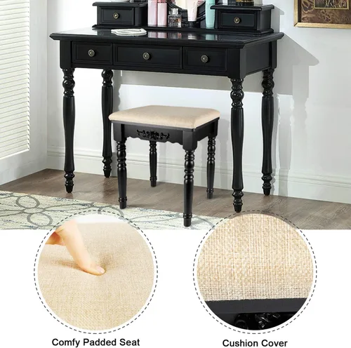 Vista 7 de URFORESTIC Taburete de tocador de madera de roble, moderno taburete de maquillaje con superficie de asiento cóncavo, capacidad de 300 libras, fácil