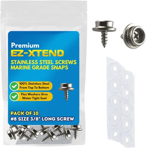 EZ-Xtend Tornillos de acero inoxidable de grado marino de 3/8 pulgadas #8 para cubierta de barco. Kit de botones a presión premium incluye 10 piezas