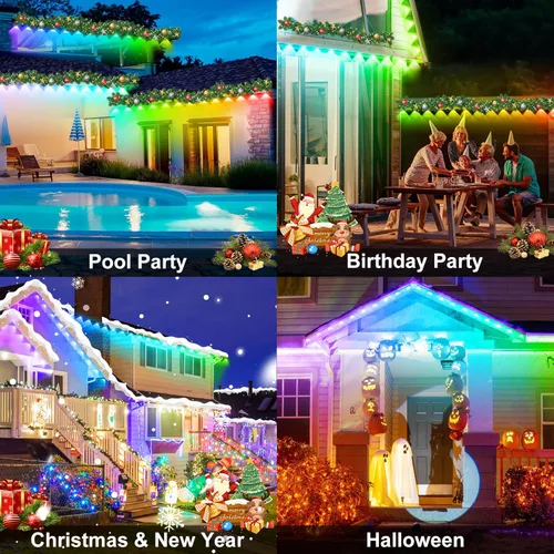 Vista 5 de MUCCCUTE Luces Permanentes al Aire Libre para Navidad de 150 pies RGB + IC para Aleros con Aplicación y Control Remoto, Cadena de Luces LED al Aire