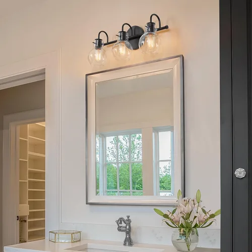 Vista 2 de LALUZ Lámparas de tocador de baño negras, 3 luces negras mate con globo de vidrio transparente, luces modernas de iluminación de baño sobre espejo