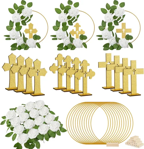 Vista 13 de Wesiti 48 piezas Centro de mesa para bautizo, decoración de mesa para primera comunión, 12 cruces de madera, 12 aros florales con soporte, 24 rosas