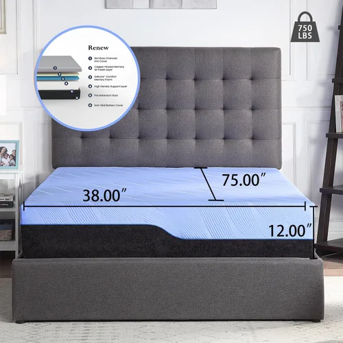 Vista 2 de 12 Inch Twin Size Hybrid Mattress, Bed in a Box with Cooling Gel Memory Foam & Individually Wrapped Pocket Coils, Quality Comfort and Adaptive Blue