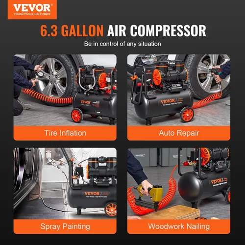 Vista 6 de VEVOR Compresor de aire de 6.3 galones, compresores de aire de 2 HP 3.35 CFM@90PSI con presión máxima de 116PSI, tanque de compresor sin aceite