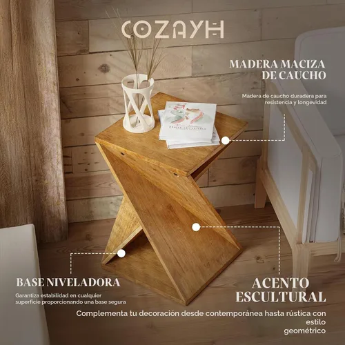 Vista 5 de COZAYH Mesa auxiliar cuadrada de madera maciza estilo granja, soporte rústico para plantas con diseño trenzado para sala de estar, dormitorio, Negro