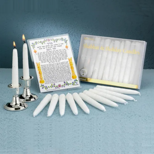 Vista 4 de Rite Lite Velas de Shabbat - 12 piezas - Empaquetadas en una hermosa caja con una tarjeta artística (blanco)