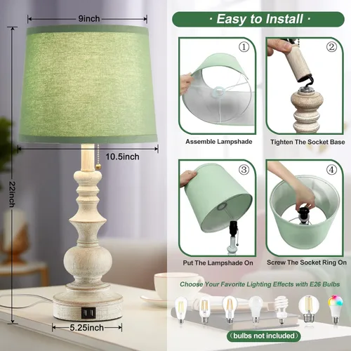 Vista 5 de Drawealth Lámparas Estilo Rústico de 22 pulgadas para Dormitorios, Juego de 2 Lámparas de Mesita de Noche con Puertos de Carga USB, Lámparas de Mesa