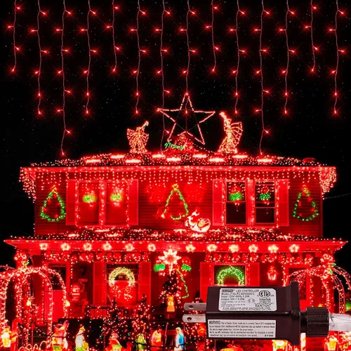 Vista 8 de Luces de Navidad para exteriores Luces de Carámbano 300 LED, 33 pies, 8 modos, luces de cadena colgantes de hadas conectables con enchufe de 30 V