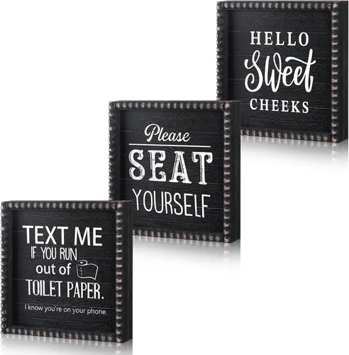 Yousoontic 3 piezas divertidas de decoración de madera para baño, texto "Please Text Me If You Run out of the Toilet Paper Sign Seat Yourself Sign