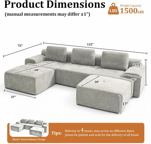 Vista 2 de Sofá de nube de gran tamaño en forma de U de 122 pulgadas, cómodos sofás modulares sin hueso para sala de estar, sofá modular con respaldo alto
