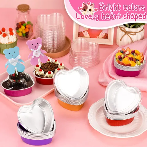Vista 2 de Sartenes de aluminio en forma de corazón, 40 paquetes de moldes de aluminio para tartas de corazón con tapas para hornear, 3.4 onzas/3.4 fl oz