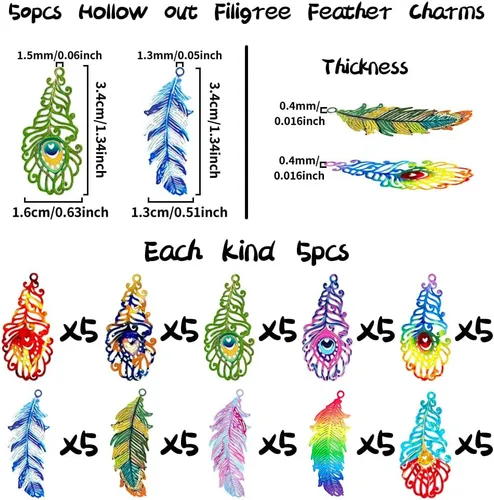 Vista 2 de Dijes de plumas de filigrana multicolor colgante de pluma pintado de color hueco para pendientes de bricolaje collares accesorios para fabricación
