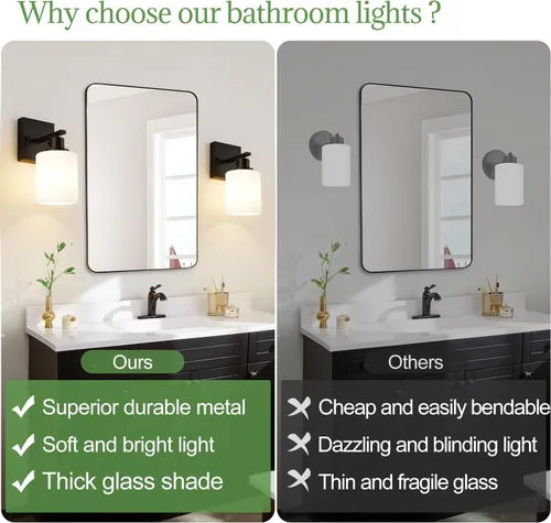 Vista 2 de MOKATNG Juego de 2 apliques de pared para baño, luces de tocador modernas negras con pantalla de vidrio blanco, lámpara de pared de baño