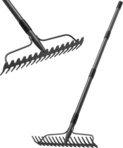 Rastrillo de paja, rastrillo de paja para césped, rastrillo de jardín de metal resistente con 17 puntas, rastrillo de roca ajustable para jardinería