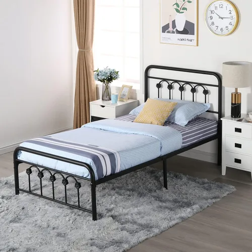 Vista 56 de VECELO Base de cama de tamaño individual con cabecero y estribo de madera, base de colchón con listones de metal fuertes y soporte antideslizante