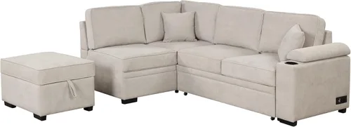 Vista 9 de Sofá cama modular con almacenamiento otomano, sofá cama extraíble con carga USB y portavasos, en forma de L, cómodos sofás para sala de estar, sofá
