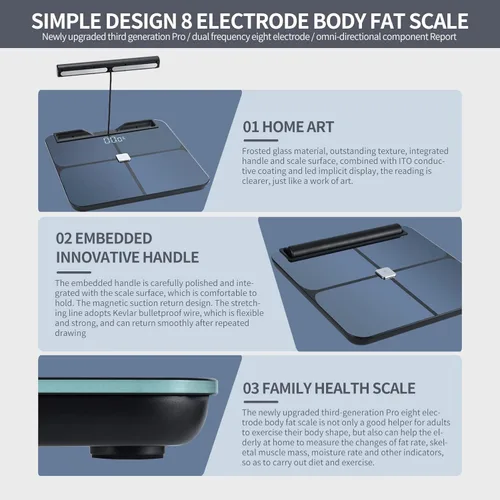 Vista 5 de Squamae Smart Scale Full Body Composition Muscle Fat Measurement Bathroom Digital Weight Scale for Body with 8 Electrodes Bluetooth Scales for BMI