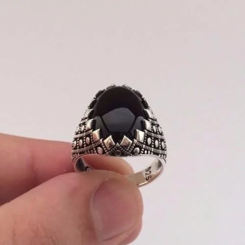 Vista 3 de Anillo de plata de ley 925K de ónix negro ovalado para hombre, Plata de ley, plata, Ónix