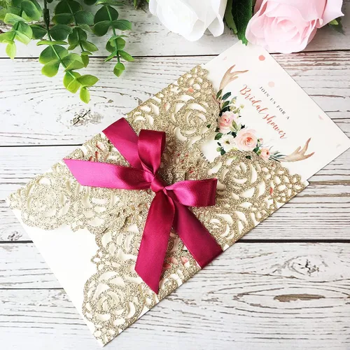 Vista 3 de 50 tarjetas de invitación de boda doradas de 5.12 x 7.28 pulgadas con lazo burdeos cortado con láser, invitación para despedida de soltera