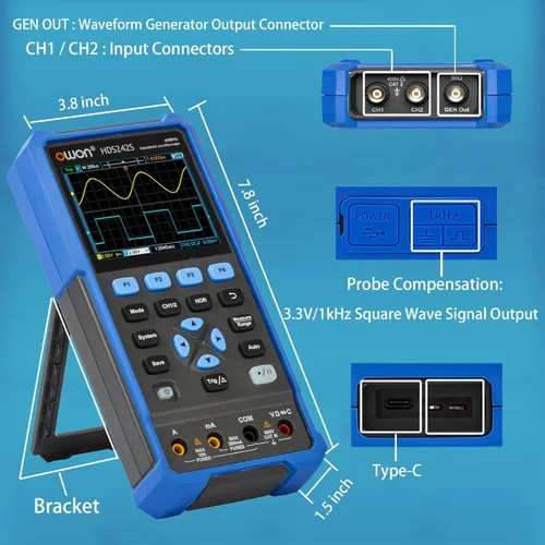 Vista 4 de Osciloscopio HDS242S, 2 en 1 de doble canal con ancho de banda de 40MHz, osciloscopio portátil multímetro con generador de formas de onda