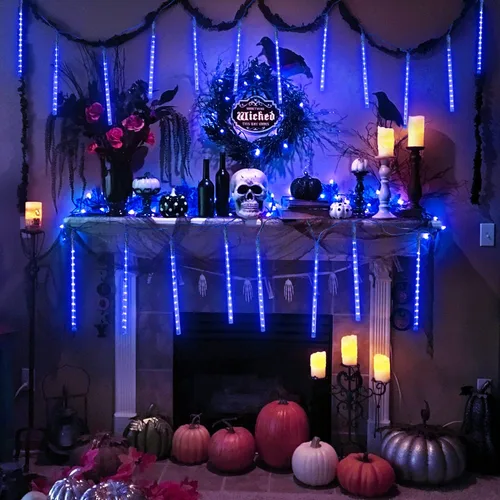 Vista 8 de JMEXSUSS Meteor Luces de lluvia para regadera con energía solar, luces de regadera de meteorito, 11.8in, 8 tubos, 144 LED, luz de meteorito, luz