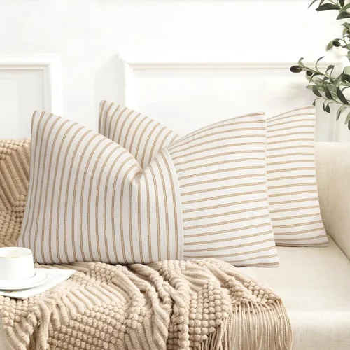Vista 29 de Fundas de almohada de granja de 12 x 20 pulgadas, 2 fundas de almohada lumbares modernas, decorativas, de lino, con retazos de rayas negras y beige