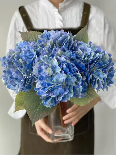 JINWOE Hortensias artificiales vintage de color azul oscuro, 4 piezas de 21 pulgadas, hortensias artificiales bohemias de tacto real, flores de seda