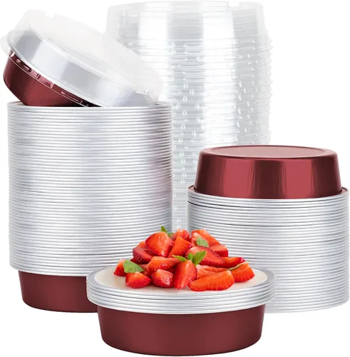 Vista 27 de Beasea Paquete de 20 Moldes para Cheesecake con Tapas, 8 Oz, 4 Pulgadas Moldes Redondos de Papel de Aluminio para Tartas, Contenedor para Muffins