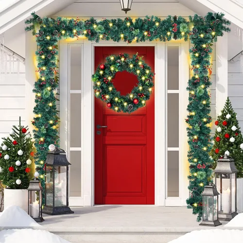 El juego de 5 decoraciones de guirnalda de Navidad incluye 2 guirnaldas de Navidad de 6 pies con luces, corona de Navidad grande de 19.7 pulgadas