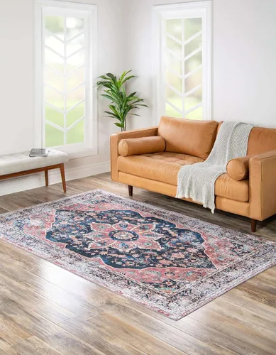 Vista 4 de Unique Loom Yara Collection - Alfombra de área - Aramis (2' x 3' 1" Rectángulo, azul marino/beige)