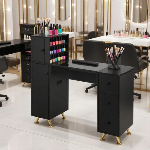 Vista 8 de Mesa de manicura para uñas con cajones, escritorio profesional de tecnología de uñas con USB y tomas de corriente, maquillaje de uñas, salón