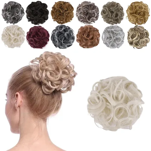 Vista 13 de Elaine Moño desordenado para mujer, cabello grueso y rizado, extensiones de cabello sintético ondulado, moño recogido, extensiones de cabello