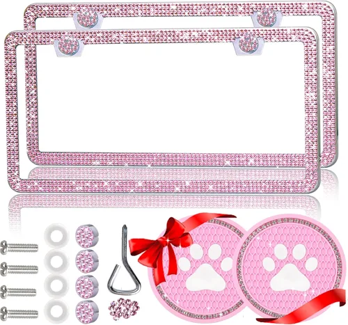 Vista 9 de Marcos de matrícula brillantes para mujer, marco de matrícula con diamantes de imitación brillantes, cubierta de placa de automóvil con purpurina