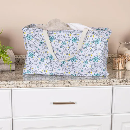 Vista 2 de Household Essentials Bolso de lona Krush con estampado floral blanco y azul, bolsa multiusos para todos los propósitos