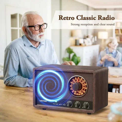 Vista 7 de LEOTEC Radio AM FM, radio de mesa de madera retro, altavoz Bluetooth portátil enchufable en la pared, la mejor recepción con AUX, conector