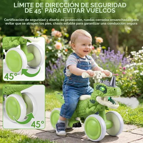 Vista 6 de Bicicleta de equilibrio de dinosaurio, juguete para montar, scooter de 4 Bicicleta de equilibrio para niños de 1 a 3 años, aerosol de música y Verde
