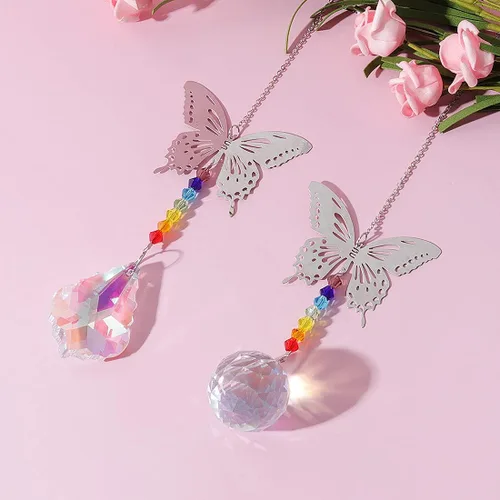 Vista 5 de 2 lámparas de araña de cristal de cristal AB color prisma colgante atrapasoles mariposa arco iris fabricante para ventana, oficina, decoración
