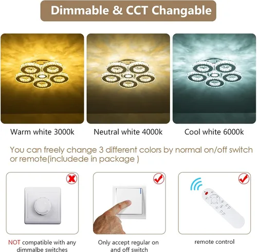 Vista 3 de KKMYWAN Crystal Flush Mount Ceiling Light LED Dimmable Chandelier with Remote 5 Rings Ceiling Lamp Fixture for Bedroom Living Room Dining Room Foyer