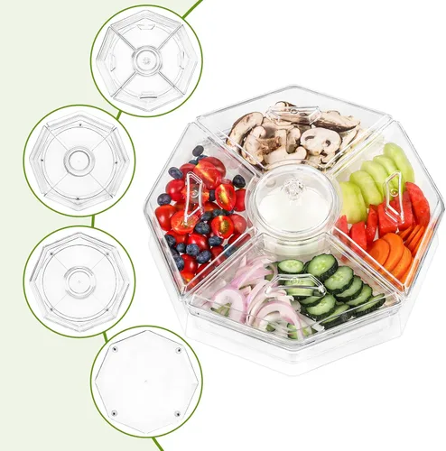 Vista 6 de IVYHOME Lazy Susan para servir hielo, recipientes de alimentos refrigerados con 4 platos extraíbles y bandeja giratoria suave, servidor