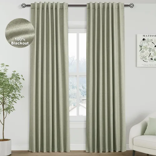 Vista 33 de Cortinas de lino verde aguamarina de 102 pulgadas de largo con pestaña trasera, bolsillo para barra, cortinas de lino opacas que absorben el sonido