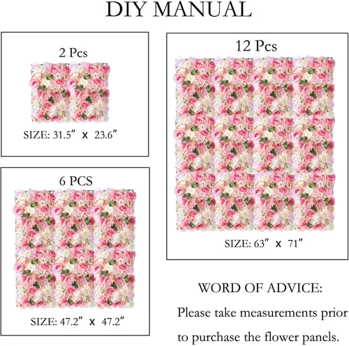 Vista 5 de NUPTIO Panel de pared de flores para telón de fondo: 12 piezas de 24 x 16 rosas artificiales blancas y rosas de imitación para decoración de bodas
