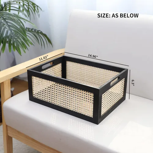 Vista 3 de Cesta de madera negra, cesta de almacenamiento de ratán para organizar, 14.96 x 11.02 x 6.30 pulgadas