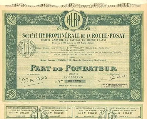 Societe Hydrominerale De La Roche-Posay - Certificado de Stock