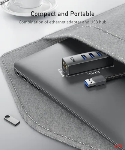 Vista 8 de uni Adaptador USB a Ethernet, concentrador USB 3.0 con 100/1000 Mbps RJ45 Ethernet sin controlador, resistente adaptador de red USB-A a LAN