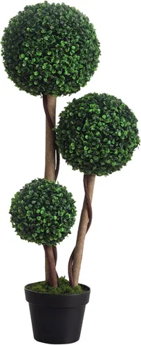 HOMCOM Planta artificial para decoración del hogar, interior y exterior, plantas artificiales en maceta, árbol topiario de 3 bolas de boj para Verde