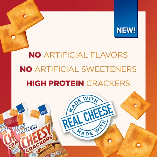Vista 4 de Pure Protein Cheesy Crackers, Cheddar, snack alto en proteínas, 0.42 oz de proteína, 1.34 onzas, 12 unidades (el embalaje puede variar)
