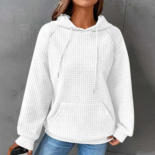 Vista 2 de Sudadera con capucha de punto gofre para mujer, de moda, para otoño, 2023, lindo suéter con cordón, para entrenamiento, gimnasio, sudadera
