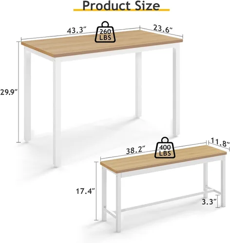 Vista 6 de Rovibek Juego de mesa y sillas de comedor de 43" para 4, mesa de cocina moderna que ahorra espacio con 2 bancos y pies ajustables, mesa de desayuno